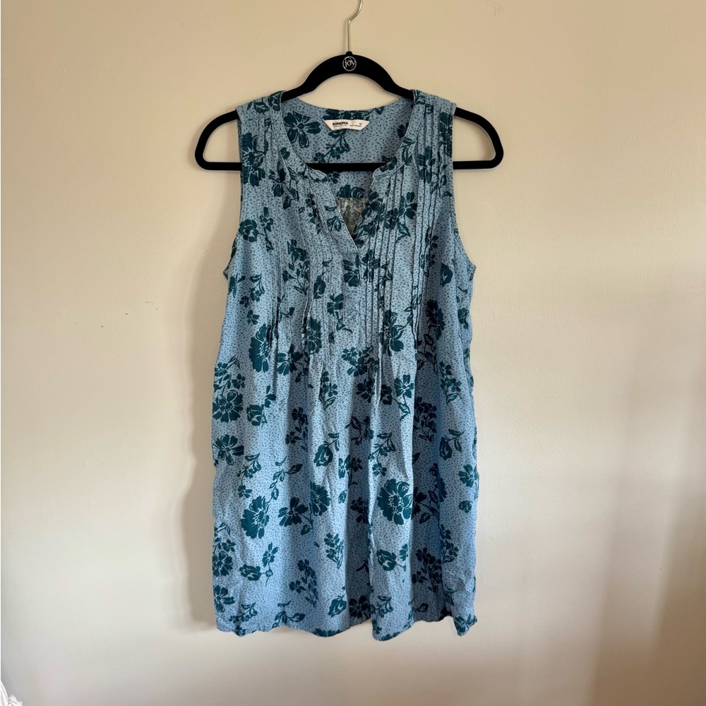 Sonoma Sleeveless Floral Pintuck Tunic Mini Dress - Blue Linen Blend- M